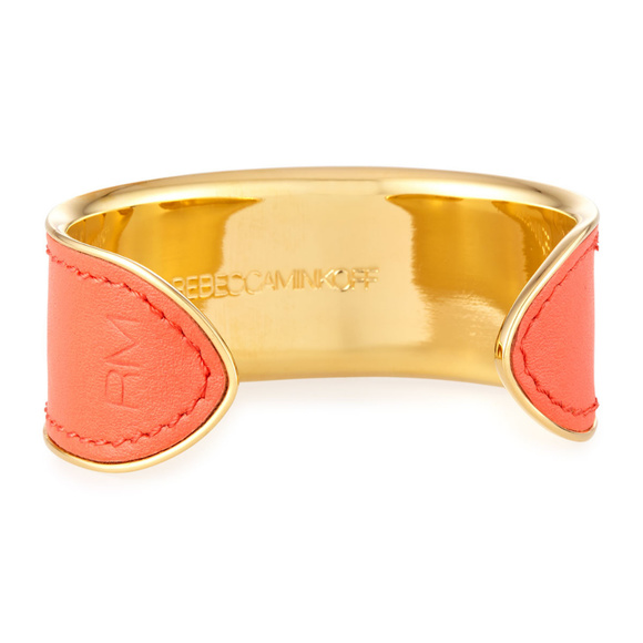 REBECCA MINKOFF ORANGE LEATHER/ENAMEL STUD CUFF GOLD BRACELET - Picture 5 of 5